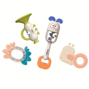 4pcs Kids' Rattle Set with Blowable Mini Trumpet, Sand Hammer & Animal Handheld Bells - Infant Playtime Toys