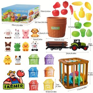 4 In 1 Montessori Baby Toys 6 Months To 3 Years Old, Barn Matching Animals Toys, Food Truck For Kids Farmer Market Sorter Cube Toy Set For Boy Girl Christmas Birthday Gifts